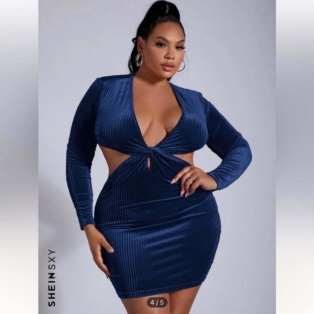 SHEIN SXY Plus Twist Front Cut Out Velvet Bodycon Dress